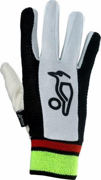 Kookaburra Padded Chamois Inner Gloves feature a white memory foam palm, black mesh back, red and neon yellow double-sided towel cuff, and a stylized Kookaburra logo on the back.