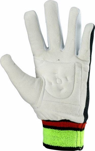 The Kookaburra Padded Chamois Inner Gloves feature white padding, black sides, and a brightly striped Double Sided Towel cuff in yellow and red, displayed palm up.