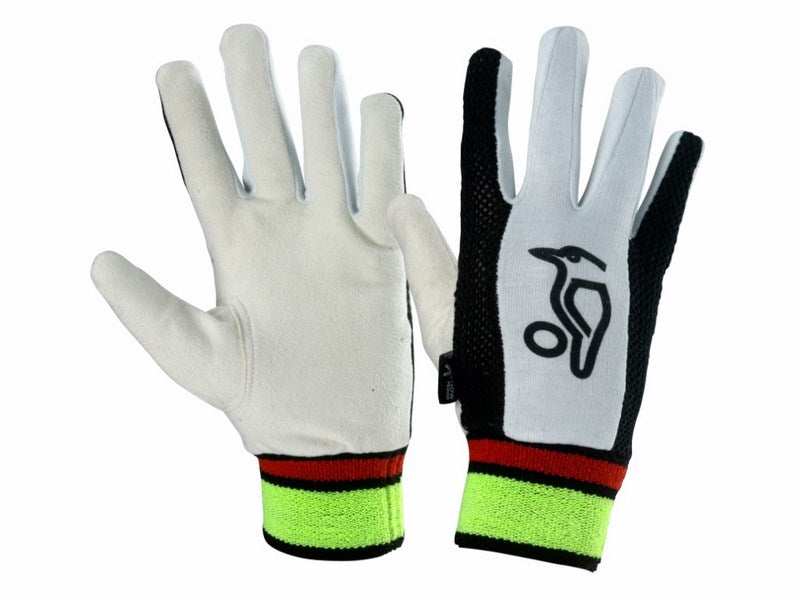 The Kookaburra Plain Chamois Inner Gloves by Kookaburra feature white palms, black backs with a bird logo, and yellow cuffs with a red stripe. One ventilated glove displays the palm and the other shows the back.