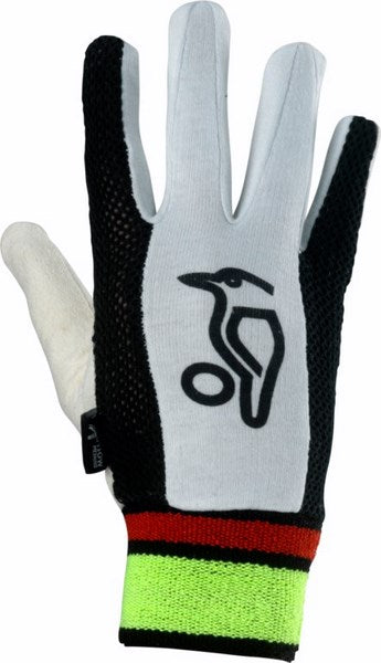 A Kookaburra Plain Chamois Inner Glove by Kookaburra, featuring a white and black ventilated design with a woodpecker logo, red and neon yellow striped wristband, and textured black sides. The glove is shown palm down with fingers extended.