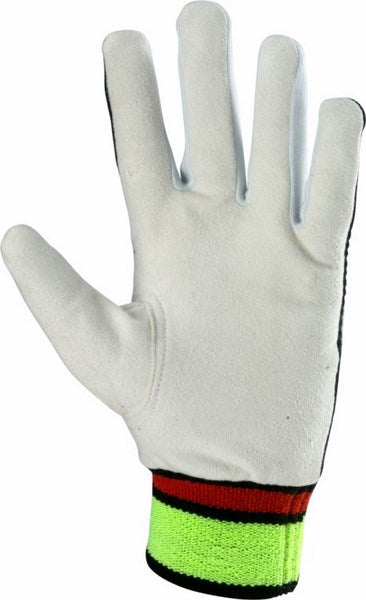 The Kookaburra Plain Chamois Inner Gloves by Kookaburra feature a white design with a vibrant yellow and red striped cuff, shown palm up—perfect as inner or cricket gloves for enhanced comfort and grip.