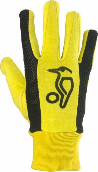 The Kookaburra Padded Cotton Inner Gloves feature a yellow design with black textured grip areas and a black bird logo on the back, shown palm out with fingers extended—ideal padded inner gloves from Kookaburra.