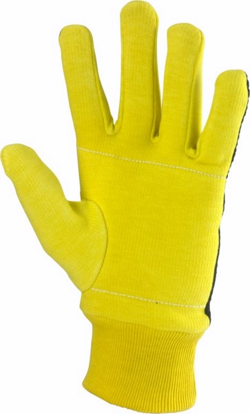 A single Kookaburra Padded Cotton Inner Glove in yellow, featuring a ribbed cuff and black side fabric, is shown with the palm facing forward and fingers extended.