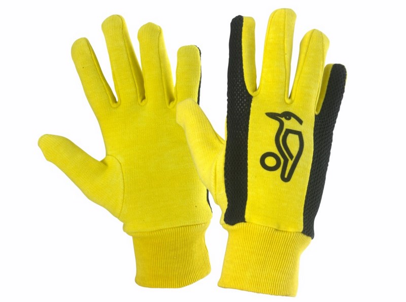 Kookaburra Plain Cotton Inner Gloves by Kookaburra: yellow gloves with black textured grips and a black penguin logo, shown on a white background—perfect as wicket keeping gloves or as comfortable cotton inners.