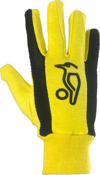 The Kookaburra Plain Cotton Inner Gloves by Kookaburra are shown with the palm facing away and fingers extended—a yellow glove featuring black textured grip sections and a black bird logo, ideal for reliable wicket keeping.