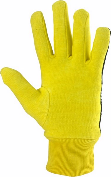 A single yellow Kookaburra Plain Cotton Inner Glove from the Kookaburra brand, displayed palm forward with fingers spread, against a white background.