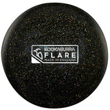 A black Kookaburra Flare Hockey Ball with glitter, “Made in England,” and a small bird graphic—ideal for Kookaburra fans or anyone looking for a unique collectible hockey training ball.
