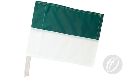 The Harrod Sport Green & White Horizontal Flag, 30cm x 30cm, features green and white halves with a left-side white sleeve—perfect for PVC corner poles and display against a white background.