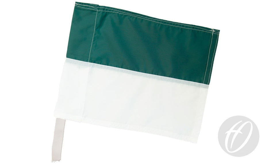 The Harrod Sport Green & White Horizontal Flag, 30cm x 30cm, features green and white halves with a left-side white sleeve—perfect for PVC corner poles and display against a white background.