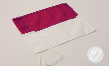 The Harrod Sport Maroon & White Horizontal Flag, 30cm x 30cm, features a maroon top and white bottom, lies flat on a white surface and has two side ties for easy attachment as a corner pole flag.