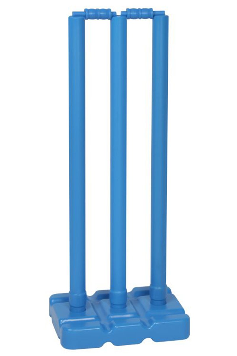 The Hunts County Flik Cricket Set (Full) by Hunts County features three blue plastic stumps on a matching base—perfect for junior practice sessions or children's games as part of a complete cricket set.