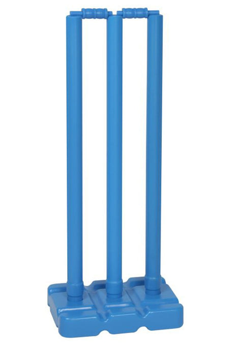The Hunts County Flik Cricket Stumps & Base Set (Blue) features three blue plastic stumps set upright on a matching base, perfect for playing cricket.