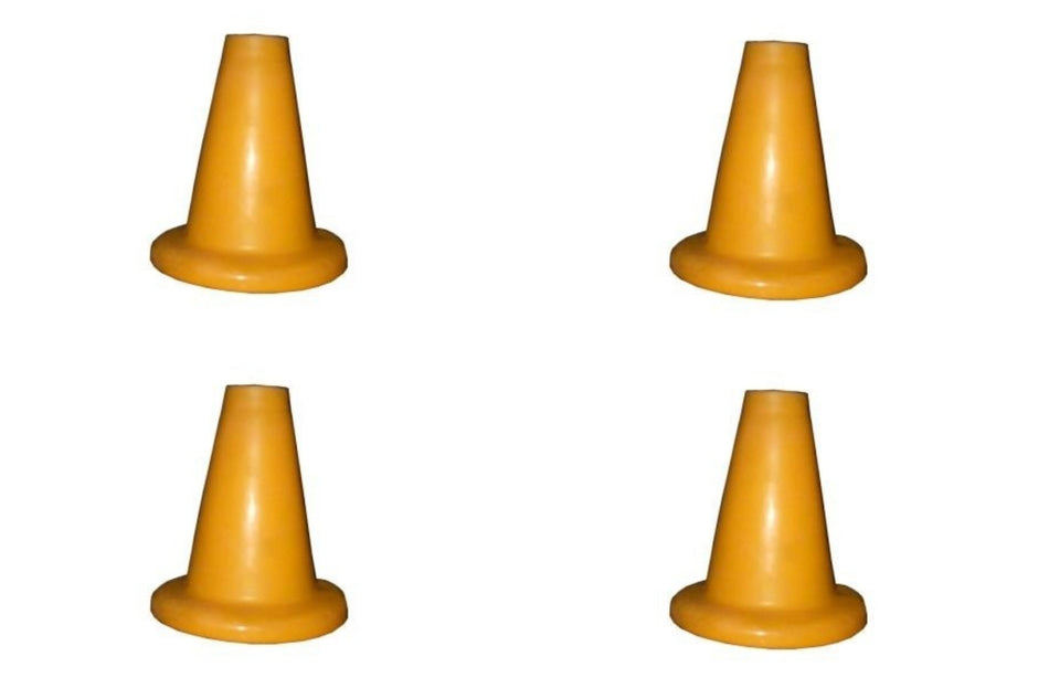 The Hunts County Flik Batting Tee - 4 Pack by Hunts County features four orange plastic tees, each 12cm tall, arranged in a grid on a white background—ideal for coaching drills with two tees per row.
