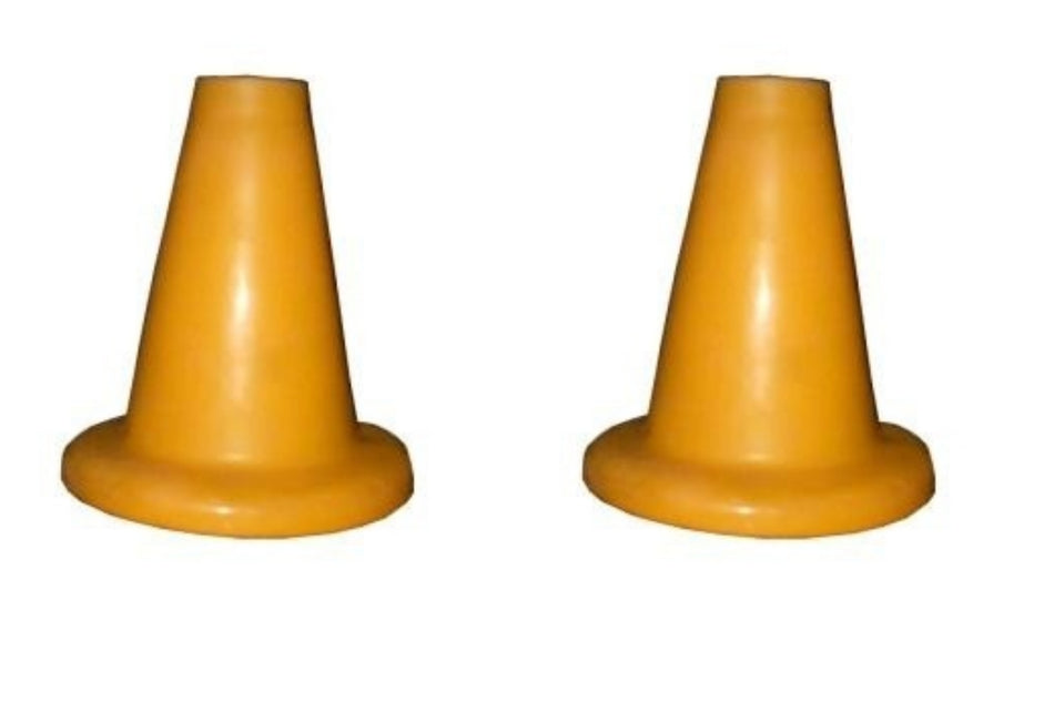The Hunts County Flik Batting Tee Twin Pack by Hunts County features two small, orange tees with circular bases—perfect for coaching drills or use as a cricket batting tee.