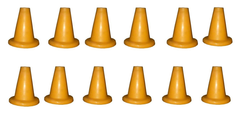 Twelve Hunts County Flik Batting Tees, each 12cm tall and bright orange, are displayed in two rows on a white background—perfect for coaching drills or use as cricket batting tees.