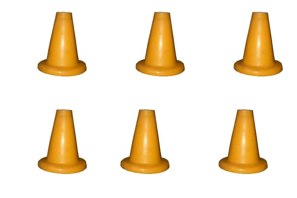 The Hunts County Flik Batting Tee - 6 Pack features six orange cones, each 12cm tall, arranged in two rows of three—perfect for coaching drills or cricket batting practice.