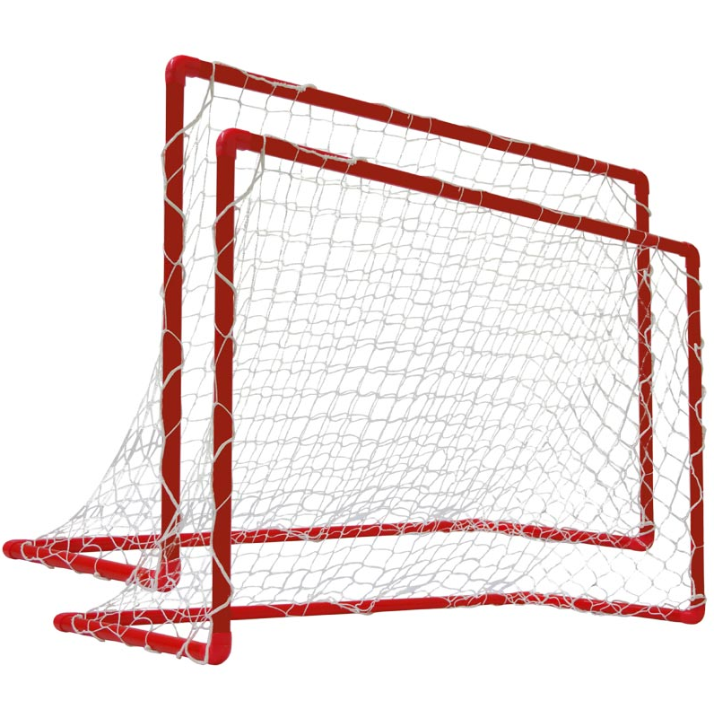 Two Eurohoc Floorball Mini Goals, featuring red frames and white nets, are nested together against a plain white background—perfect for training or matches.