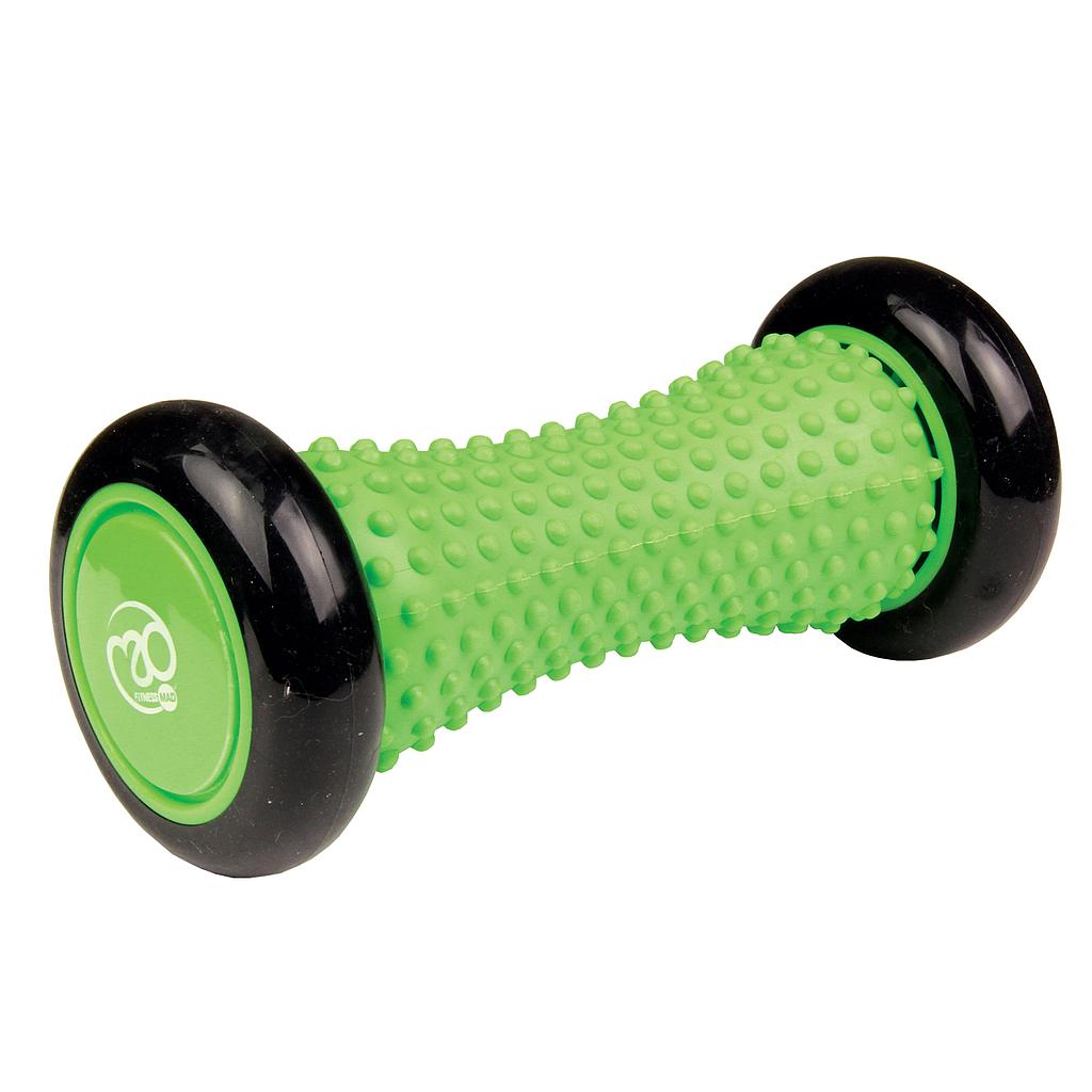 The Fitness Mad Foot Massage Roller by Fitness Mad is a green, textured roller with black ends, designed to relieve foot pain, soothe plantar fasciitis, and improve circulation.
