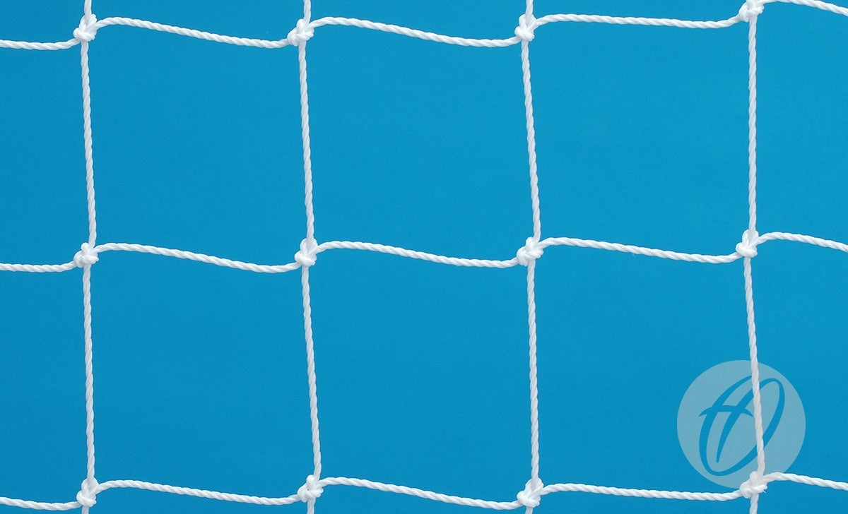 The Harrod Sport 4mm FPX Weighted Net - 9V9 features square mesh polyethylene, ideal for 4.88m x 2.13m football goals, shown against a bright blue background with a faint circular logo bearing a stylized letter A in the lower right corner.