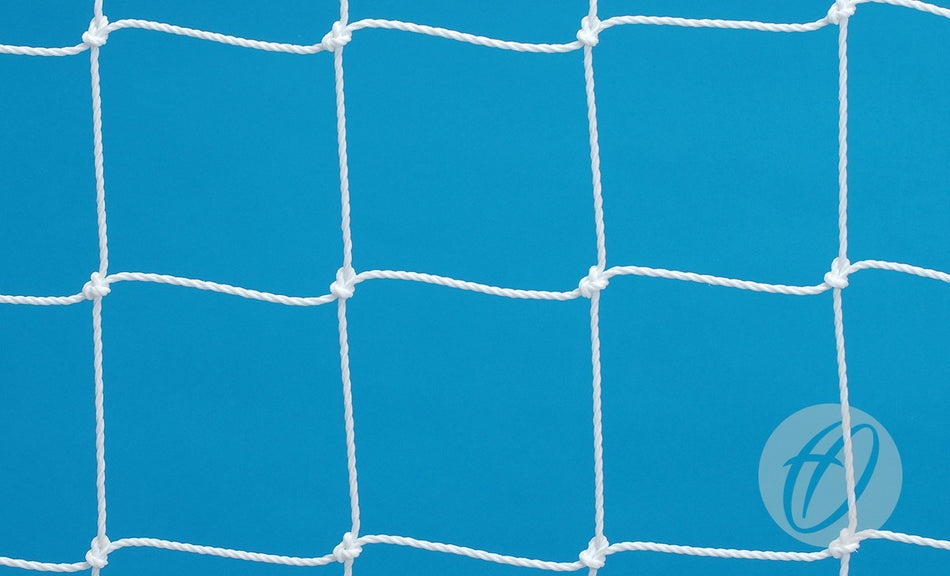 The Harrod Sport 4mm FPX Weighted Net - 9V9 features square mesh polyethylene, ideal for 4.88m x 2.13m football goals, shown against a bright blue background with a faint circular logo bearing a stylized letter A in the lower right corner.