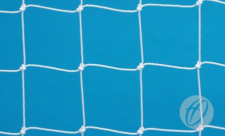 The Harrod Sport 4MM FPX Net 9V9 features a white polyethylene rope net with square mesh, shown against a blue background. A translucent circle with an 'A' appears at the lower right. Suitable for 9v9 football, it includes a standard bottom runback.