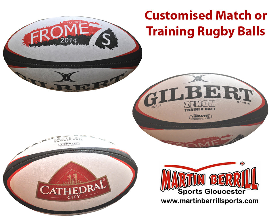 Showcasing three Custom Gilbert Match or Training Rugby Balls with unique logos. Text: "Custom Gilbert Match or Training Rugby Balls with Logos from Martin Berrill Sports Gloucester www.martinberrillsports.com." Ideal for branded team needs.
