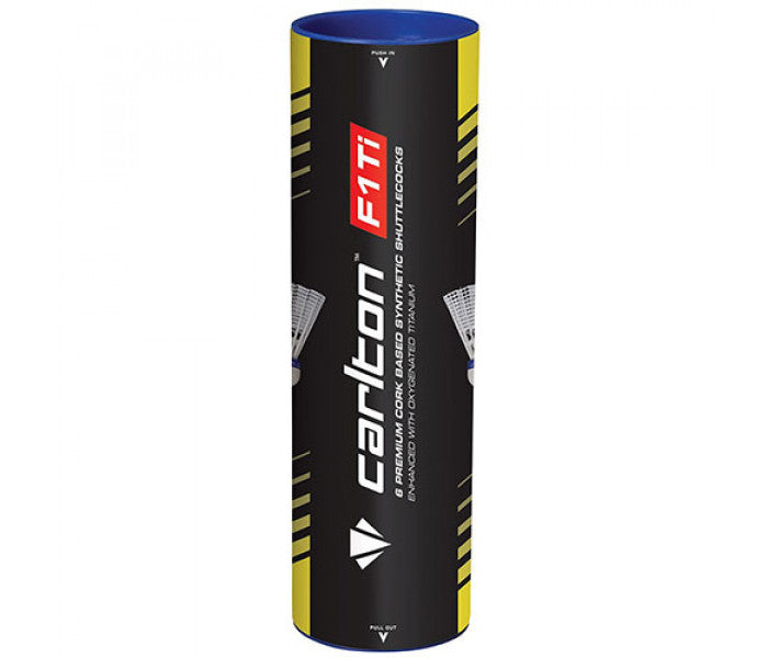 A cylindrical tube of Carlton F1 - TI Shuttles features a striking black, yellow, and red design with the Carlton logo and product information, showcasing its advanced titanium technology.