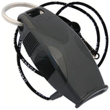The Fox 40 Sharx Whistle and Lanyard by Fox 40 is a black plastic search and rescue whistle with metal keyring and lanyard, ideal for sports, outdoor safety, or emergencies.