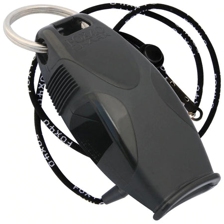 The Fox 40 Sharx Whistle and Lanyard by Fox 40 is a black plastic search and rescue whistle with metal keyring and lanyard, ideal for sports, outdoor safety, or emergencies.