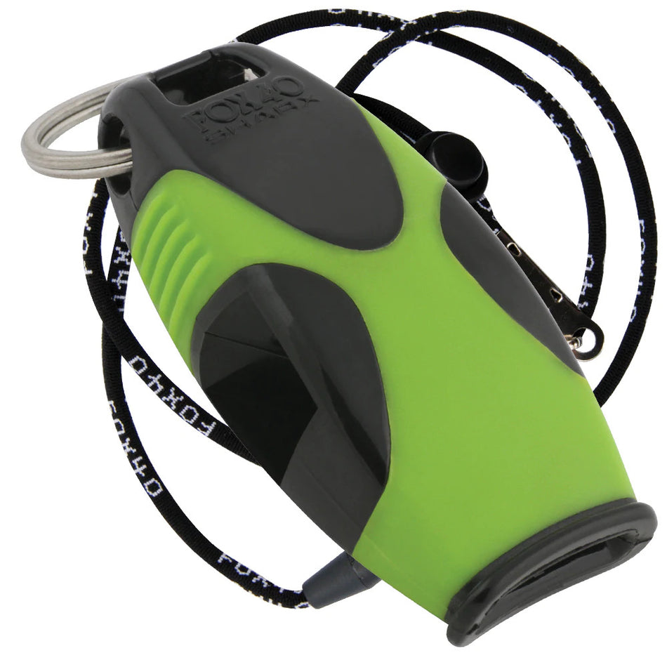 The Fox 40 Sharx Whistle and Lanyard by Fox 40 is a charcoal/green handheld outdoor safety whistle with an attached lanyard, ideal for outdoor or sports use.