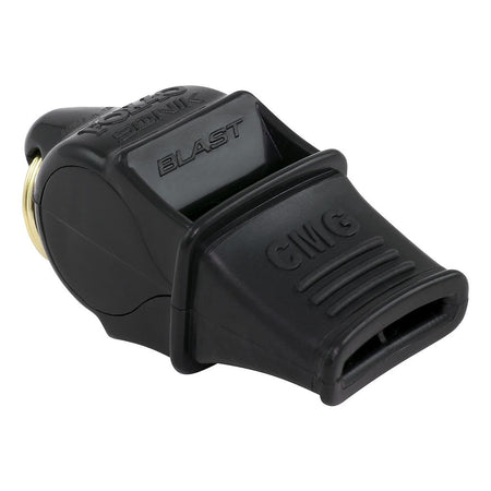 A close-up of the Fox 40 Sonik Blast Whistle and Lanyard by Fox 40 shows SONIK BLAST and CMG embossed on its black body, a rectangular mouthpiece with Cushioned Mouth Grip, and a metal side ring.