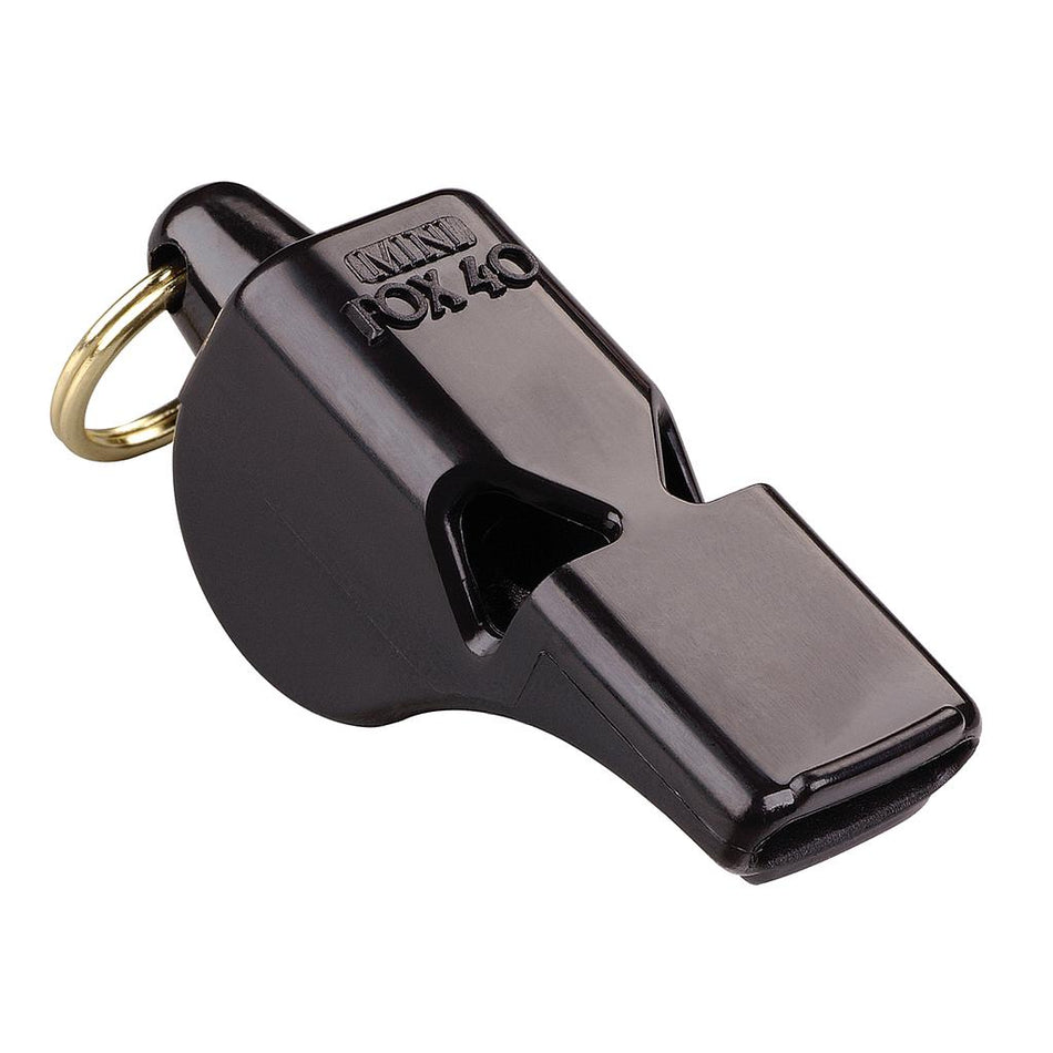 The Fox 40 Mini Whistle and Lanyard by Fox 40 is a compact black plastic whistle with a gold keyring, displayed against a white background.
