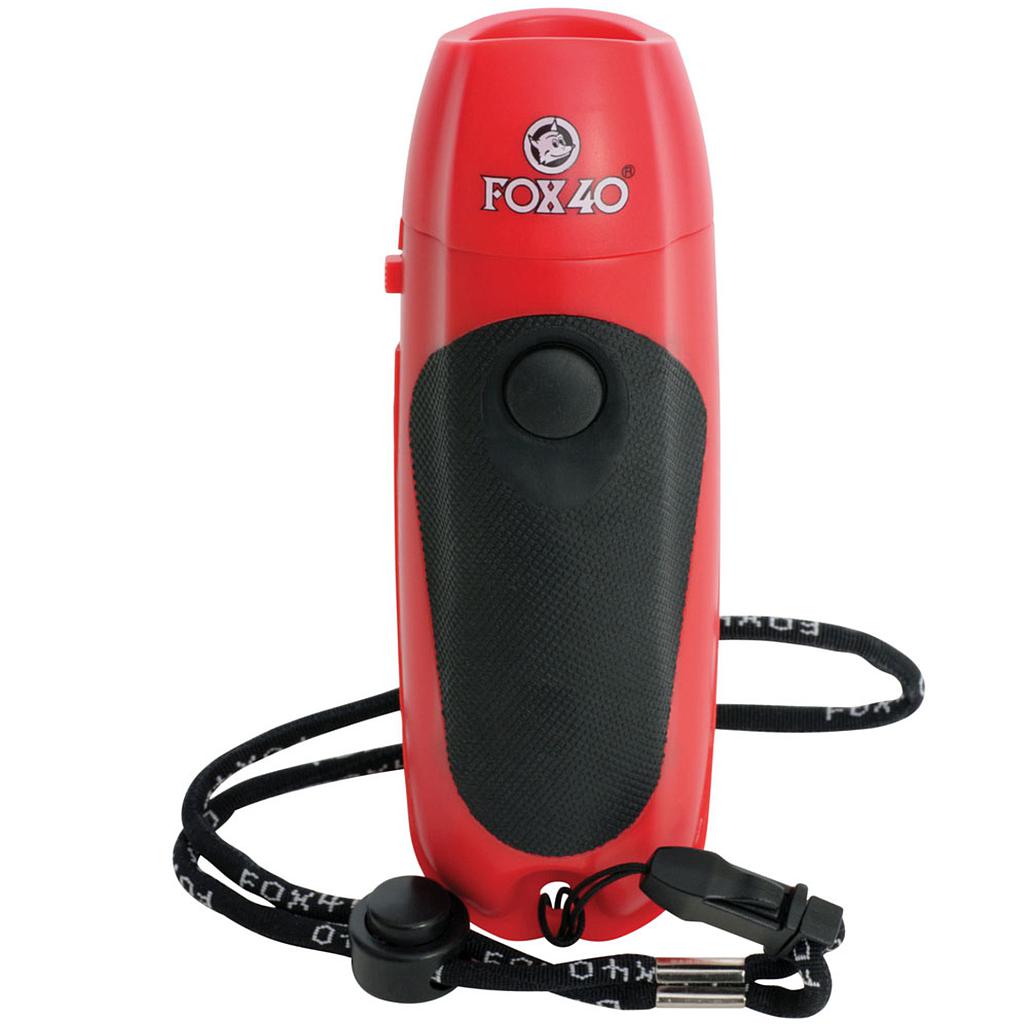 The Fox 40 Electronic Whistle is a red handheld whistle with a black grip, button, lanyard, and the Fox 40 logo—ideal for coaches and referees needing clear, consistent signals.