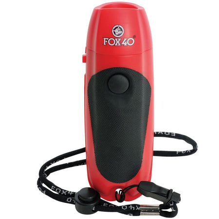 The Fox 40 Electronic Whistle is a red handheld whistle with a black grip, button, lanyard, and the Fox 40 logo—ideal for coaches and referees needing clear, consistent signals.