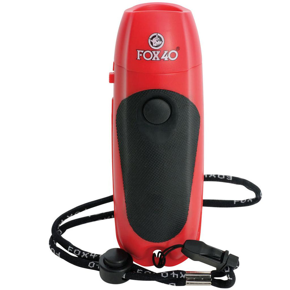 The Fox 40 Electronic Whistle is a red handheld whistle with a black grip, button, lanyard, and the Fox 40 logo—ideal for coaches and referees needing clear, consistent signals.