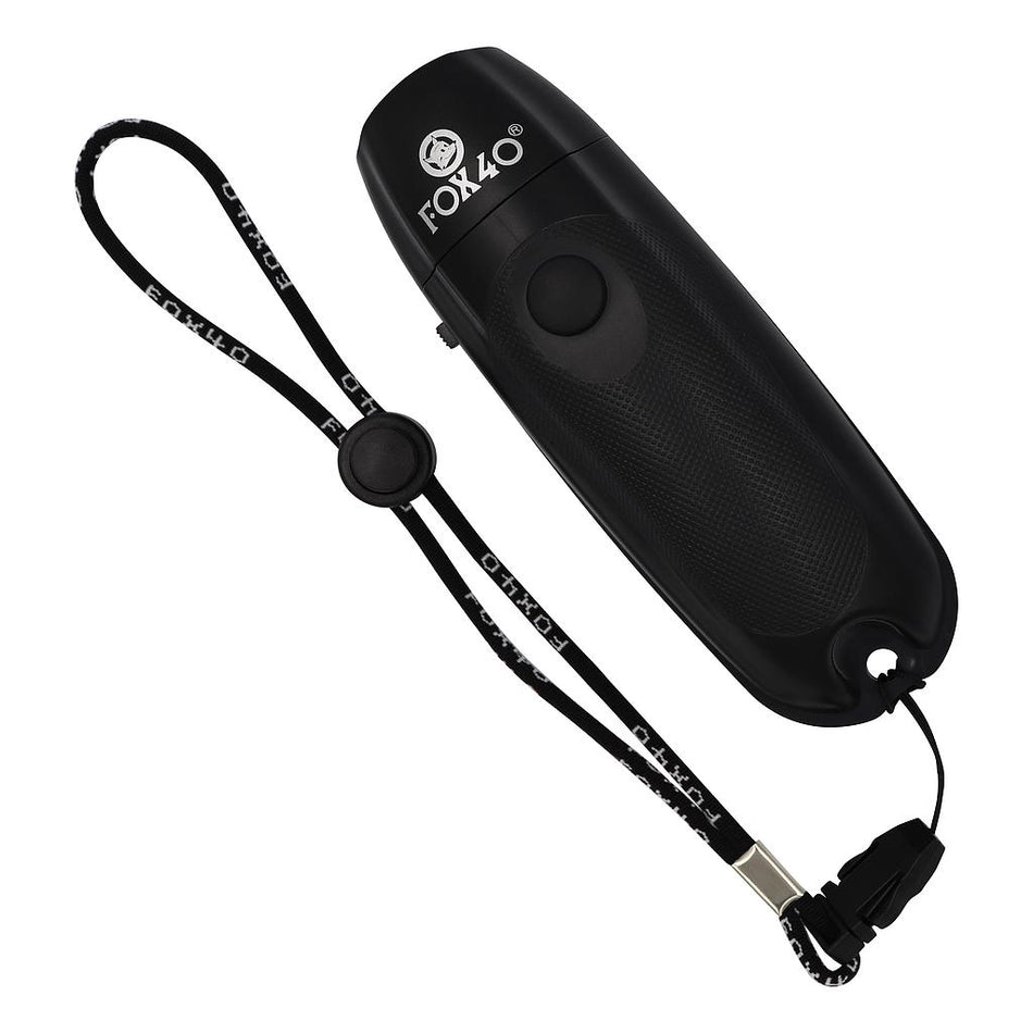 The Fox 40 Electronic Whistle is a black electronic whistle with a textured grip and detachable black lanyard with the Fox 40 logo—ideal for referees needing reliable, hands-free signaling.