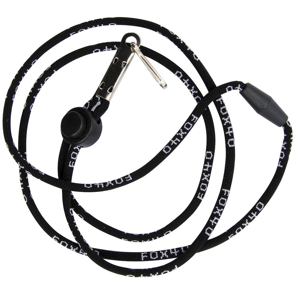 The Fox 40 Breakaway Neck Lanyard by Fox 40 is a black rope-style lanyard with white text, featuring an adjustable cord lock, metal clip, and safety breakaway for security and convenience.