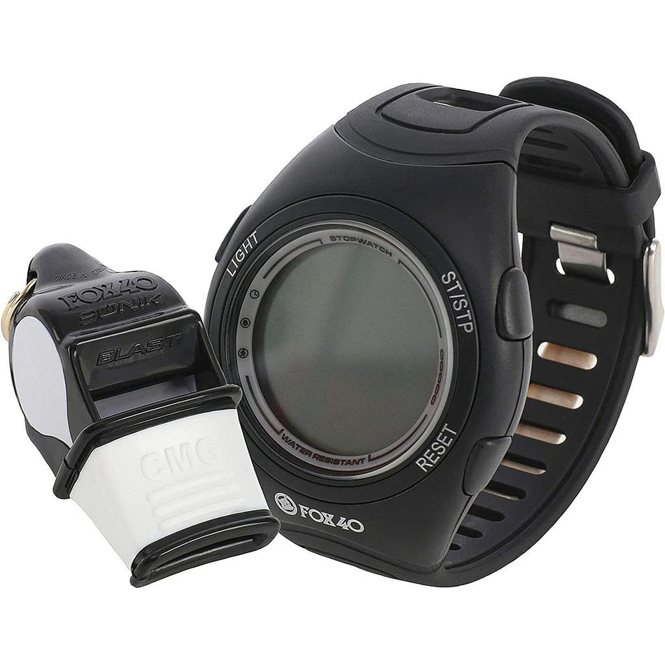 The Fox 40 Whistle and Watch Set features a black digital watch with a large, round face and a matching black and white whistle. Both items display the Fox 40 brand name clearly.