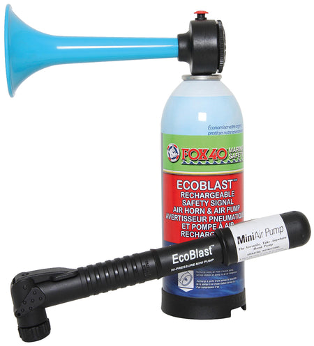 The Fox 40 Ecoblast Air Horn and Pump by Fox 40 combines a rechargeable air horn with a mini pump, delivering a powerful 120 dB sound—an eco-friendly emergency solution.