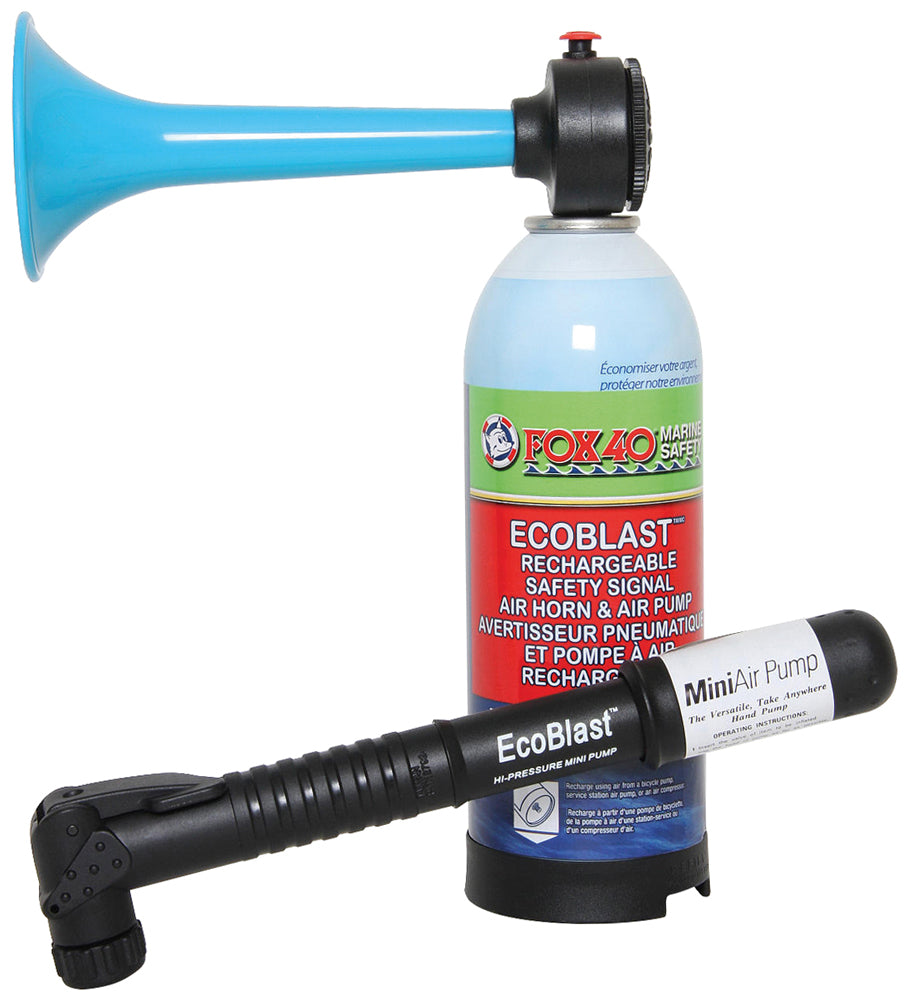 The Fox 40 Ecoblast Air Horn and Pump by Fox 40 combines a rechargeable air horn with a mini pump, delivering a powerful 120 dB sound—an eco-friendly emergency solution.