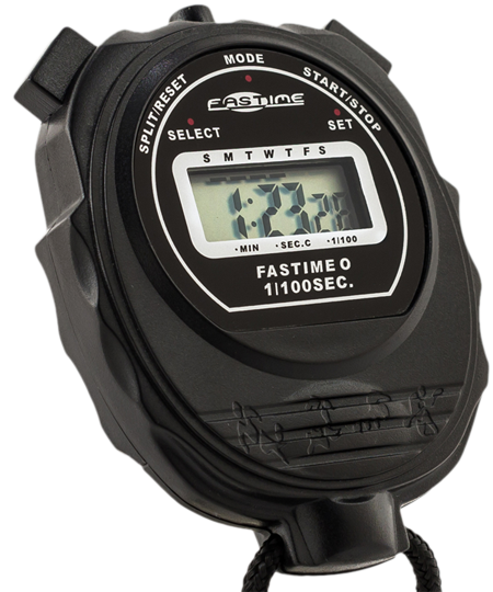 The Fastime 0 Stopwatch by Fastime is a black digital timer for single event timing, showing 1:29.01 on its display, with Mode, Start/Stop, Select, and Set buttons clearly labeled on the front.