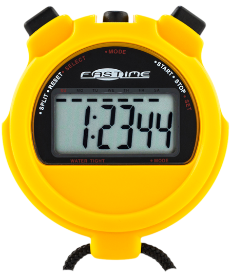 The Fastime 1 Stopwatch by Fastime features a yellow design, displays 1:23.44, has black buttons for alarm and split time functions, and includes a black cord at the bottom.