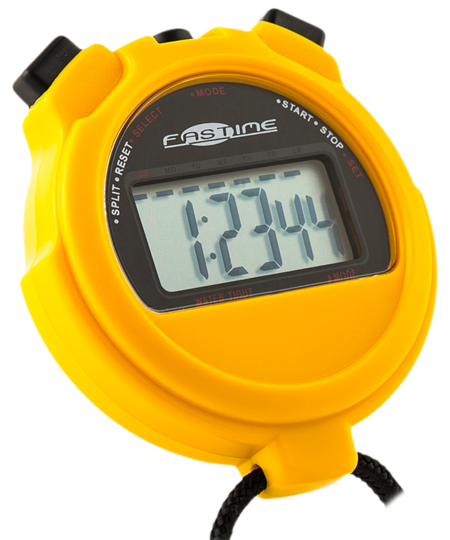 The Fastime 1 Stopwatch is yellow with black buttons and a cord, displays 1:23:44, and features cumulative split time plus an alarm. The FASTIME brand is shown above the screen.