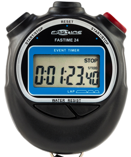 The Fastime 24 Stopwatch by Fastime, shown in black with STOP above a display of 1:23.40, features clear START/STOP and RESET buttons—ideal for timing single events.