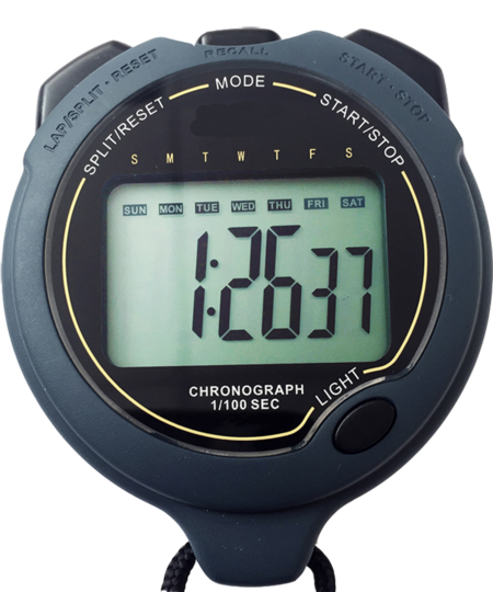 The Fastime 28 Stopwatch by Fastime is shock resistant, displays 1:26.37, features split/reset, recall, mode, start/stop buttons, and shows days of the week—perfect for accurate sports timing and dependable performance.