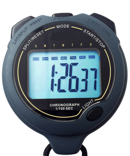 The Fastime Fast 28LW Stopwatch features a backlit display showing 1:26:37, day indicators with Wednesday highlighted, and several labeled buttons. This water-resistant stopwatch combines function and visibility for accurate timing.