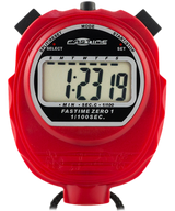 The Fastime 01 Stopwatch by Fastime, in red, features a digital display with days of the week, black split/reset and start/stop buttons, and supports cumulative split time plus single event timing for precise tracking.