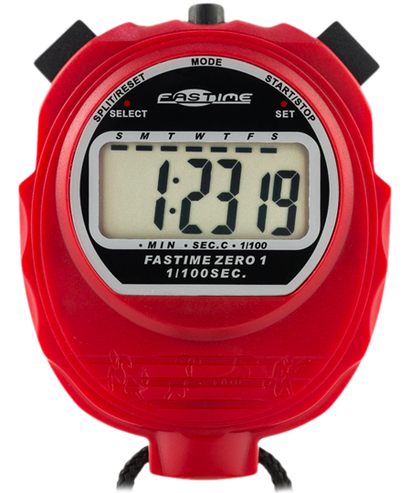 The Fastime 01 Stopwatch by Fastime, in red, features a digital display with days of the week, black split/reset and start/stop buttons, and supports cumulative split time plus single event timing for precise tracking.