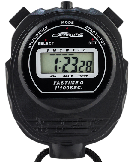 The Fastime 0 Stopwatch by Fastime is a black digital timer displaying 1:23.28, featuring cumulative split, split/reset, and start/stop buttons, plus a bottom lanyard—perfect for precise single event timing.