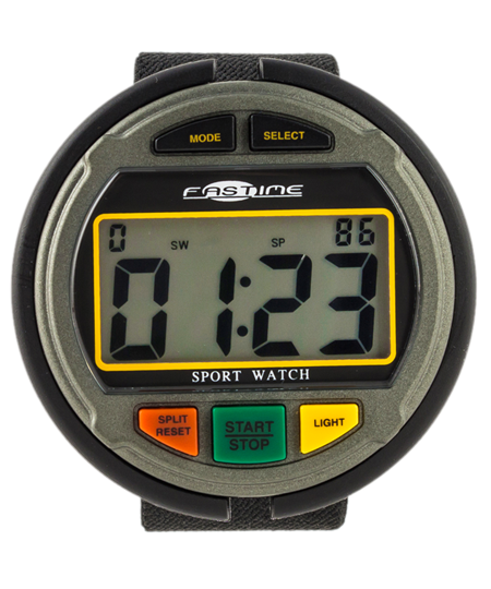 The Fastime 11 Stopwatch by Fastime features a round black case, large display showing 01:23, and orange, green, and yellow buttons labeled SPLIT RESET, START STOP, and LIGHT—perfect for event timing or use as a countdown timer.